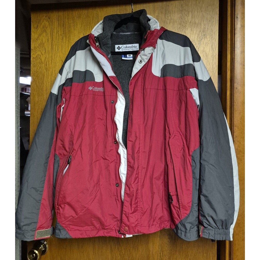 Columbia Ski Interchange Mens Large Red Gray Hidden Hood Full Zip Jacket